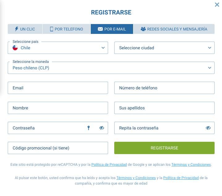 Registro en 1xBet por correo electrónico