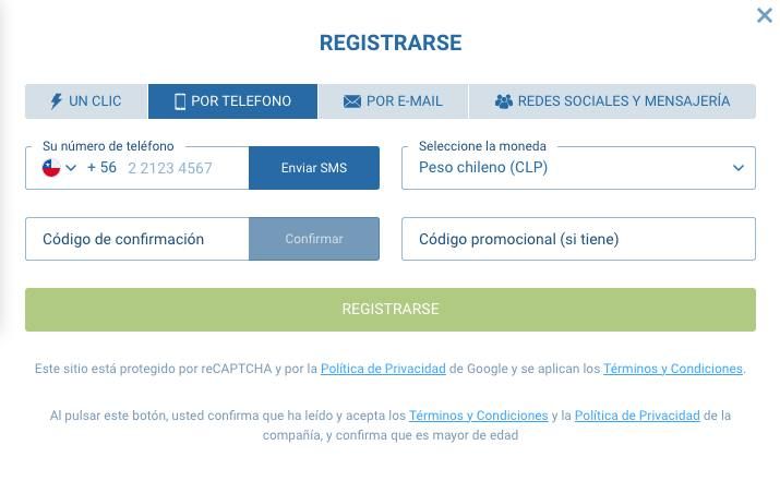 Registro en 1xBet por número de teléfono