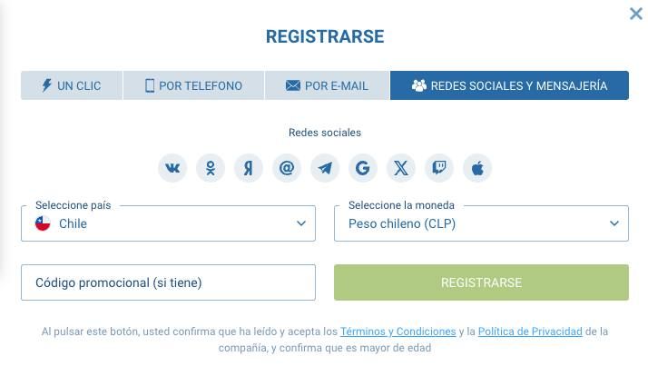 «1xBet» registro a través de redes sociales y mensajeros